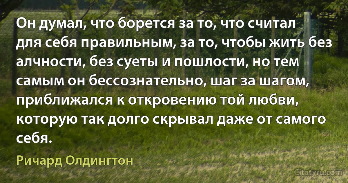 Он думал, что борется за то, что считал для себя правильным, за то, чтобы жить без алчности, без суеты и пошлости, но тем самым он бессознательно, шаг за шагом, приближался к откровению той любви, которую так долго скрывал даже от самого себя. (Ричард Олдингтон)