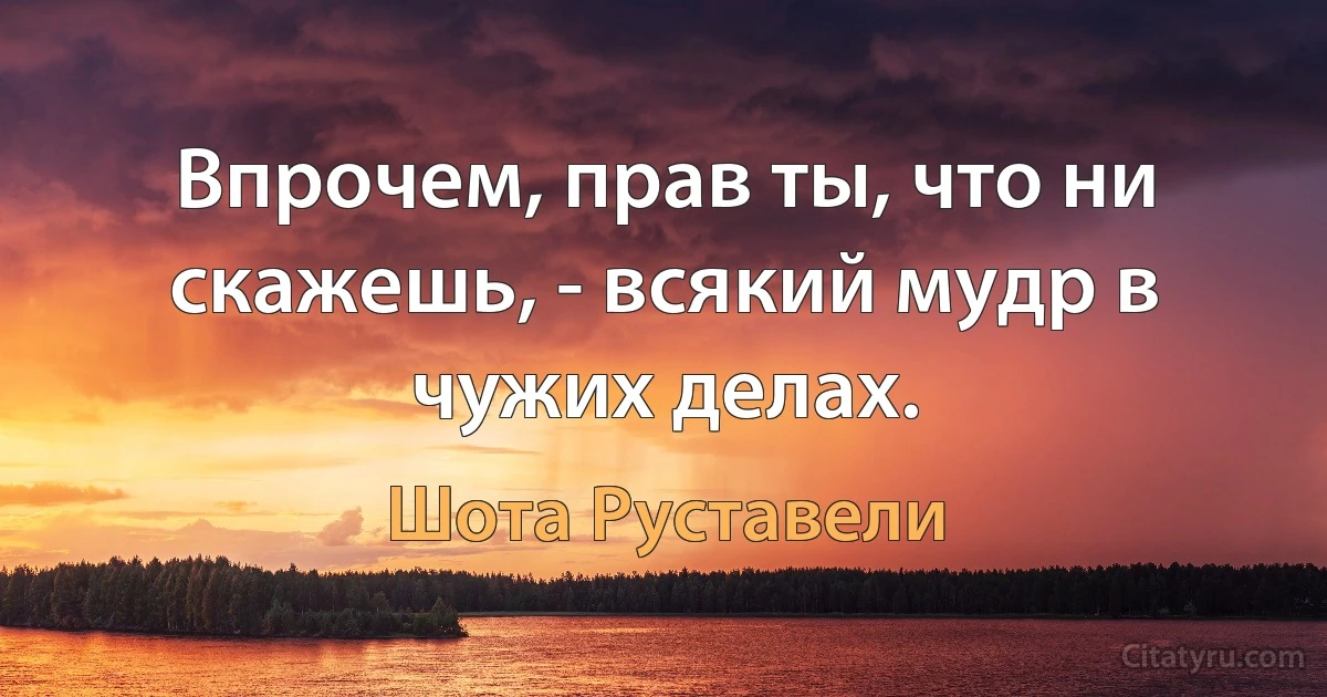 Впрочем, прав ты, что ни скажешь, - всякий мудр в чужих делах. (Шота Руставели)