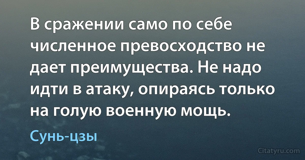 В сражении само по себе численное превосходство не дает преимущества. Не надо идти в атаку, опираясь только на голую военную мощь. (Сунь-цзы)