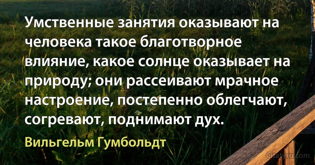 Умственные занятия оказывают на человека такое благотворное влияние, какое солнце оказывает на природу; они рассеивают мрачное настроение, постепенно облегчают, согревают, поднимают дух. (Вильгельм Гумбольдт)