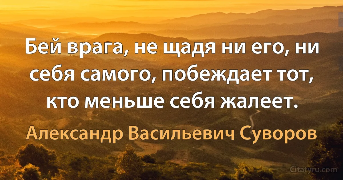 Бей врага, не щадя ни его, ни себя самого, побеждает тот, кто меньше себя жалеет. (Александр Васильевич Суворов)