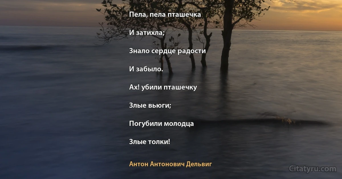 Пела, пела пташечка

И затихла;

Знало сердце радости

И забыло.

Ах! убили пташечку

Злые вьюги;

Погубили молодца

Злые толки! (Антон Антонович Дельвиг)