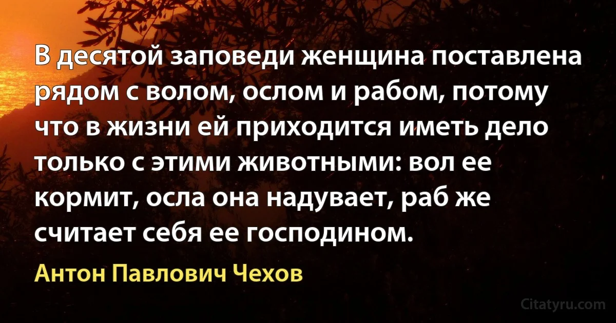 В десятой заповеди женщина поставлена рядом с волом, ослом и рабом, потому что в жизни ей приходится иметь дело только с этими животными: вол ее кормит, осла она надувает, раб же считает себя ее господином. (Антон Павлович Чехов)