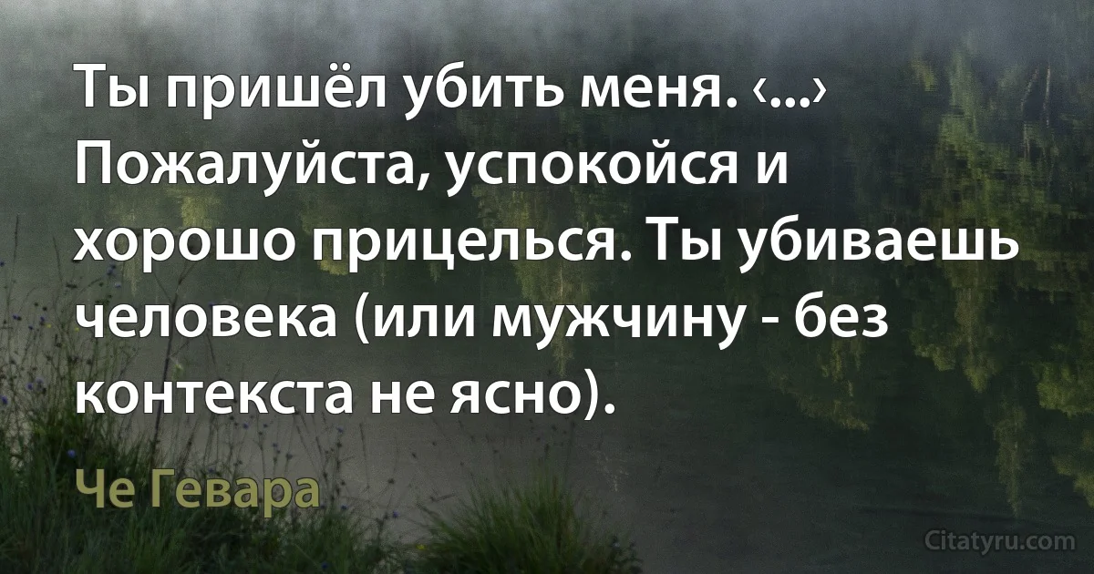 Ты пришёл убить меня. ‹...› Пожалуйста, успокойся и хорошо прицелься. Ты убиваешь человека (или мужчину - без контекста не ясно). (Че Гевара)