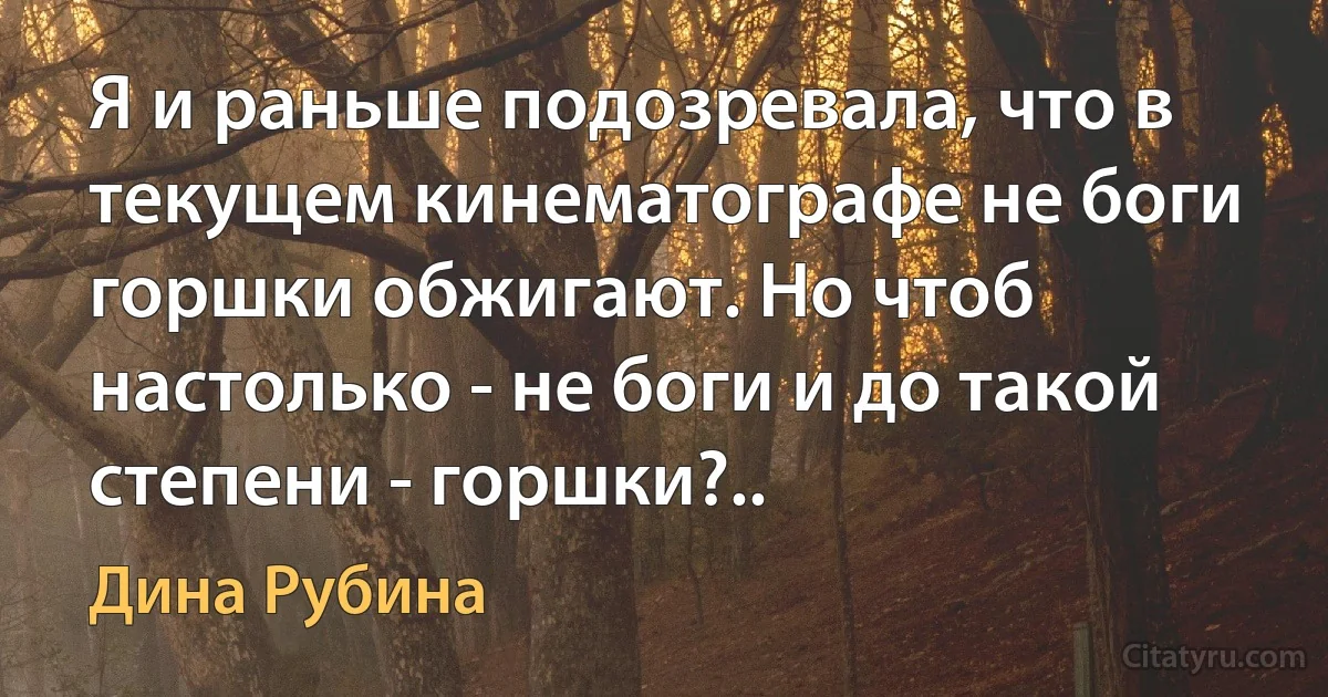 Я и раньше подозревала, что в текущем кинематографе не боги горшки обжигают. Но чтоб настолько - не боги и до такой степени - горшки?.. (Дина Рубина)