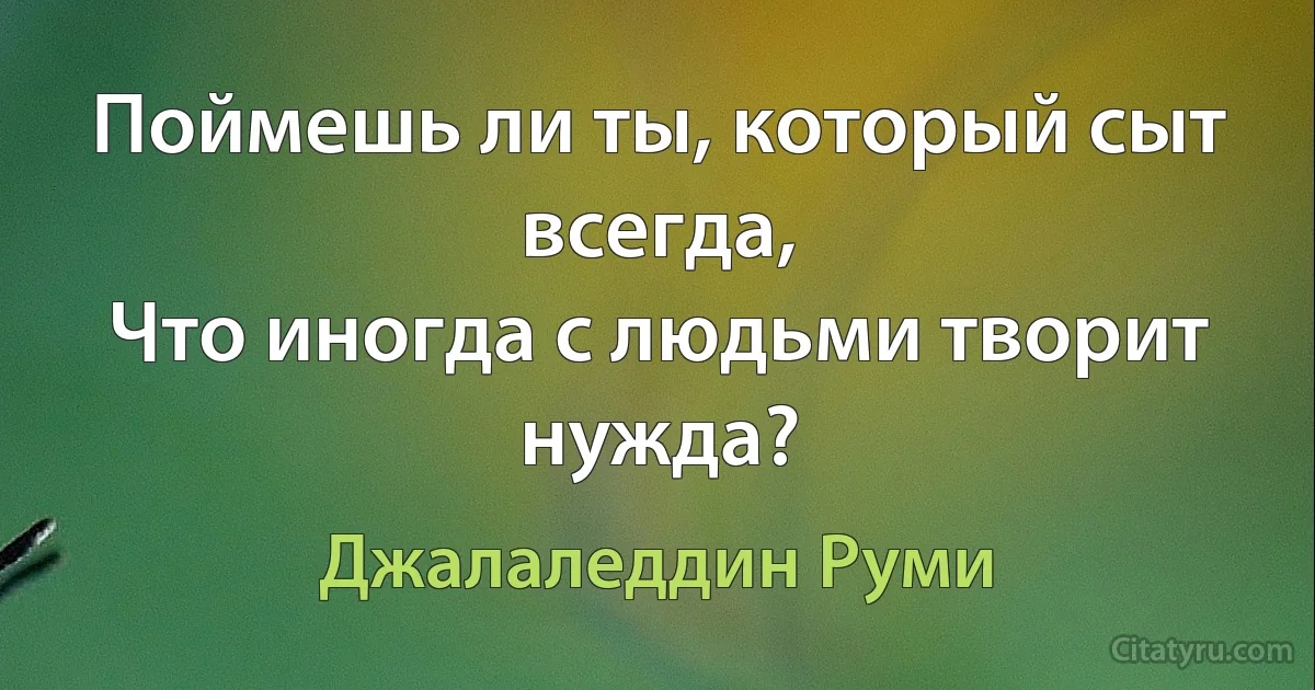 Поймешь ли ты, который сыт всегда,
Что иногда с людьми творит нужда? (Джалаледдин Руми)