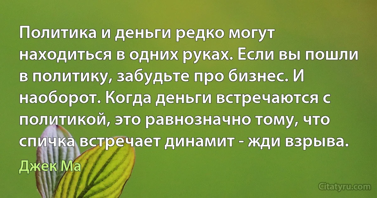 Политика и деньги редко могут находиться в одних руках. Если вы пошли в политику, забудьте про бизнес. И наоборот. Когда деньги встречаются с политикой, это равнозначно тому, что спичка встречает динамит - жди взрыва. (Джек Ма)