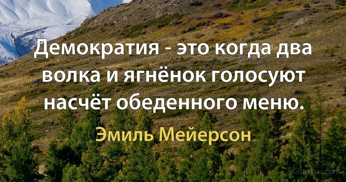 Демократия - это когда два волка и ягнёнок голосуют насчёт обеденного меню. (Эмиль Мейерсон)