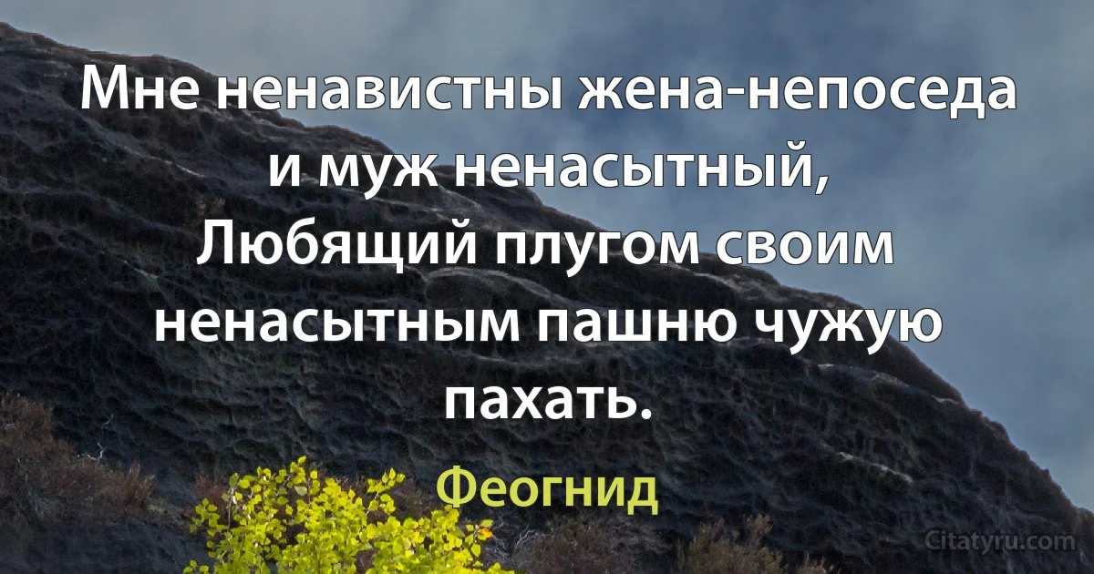 Мне ненавистны жена-непоседа и муж ненасытный,
Любящий плугом своим ненасытным пашню чужую пахать. (Феогнид)