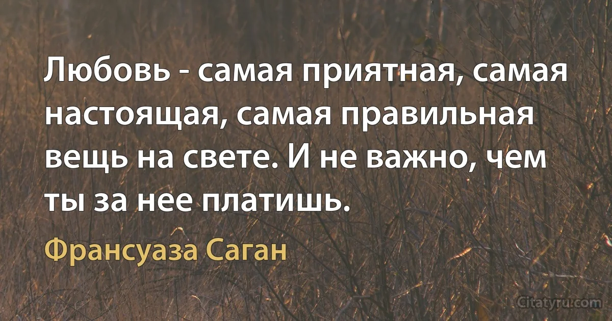 Любовь - самая приятная, самая настоящая, самая правильная вещь на свете. И не важно, чем ты за нее платишь. (Франсуаза Саган)