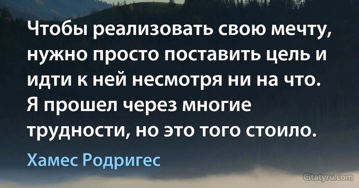 Чтобы реализовать свою мечту, нужно просто поставить цель и идти к ней несмотря ни на что. Я прошел через многие трудности, но это того стоило. (Хамес Родригес)