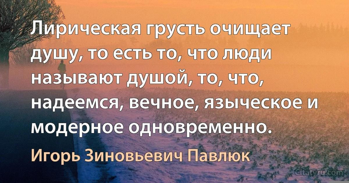 Лирическая грусть очищает душу, то есть то, что люди называют душой, то, что, надеемся, вечное, языческое и модерное одновременно. (Игорь Зиновьевич Павлюк)