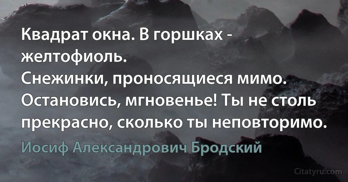 Квадрат окна. В горшках - желтофиоль.
Снежинки, проносящиеся мимо.
Остановись, мгновенье! Ты не столь
прекрасно, сколько ты неповторимо. (Иосиф Александрович Бродский)