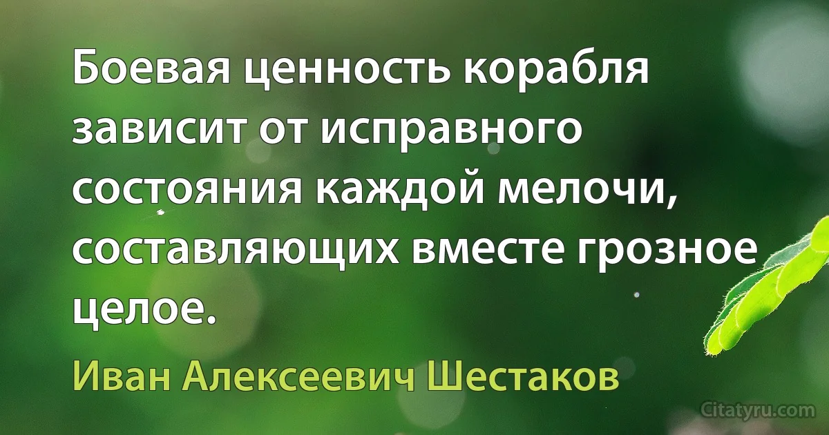 Боевая ценность корабля зависит от исправного состояния каждой мелочи, составляющих вместе грозное целое. (Иван Алексеевич Шестаков)