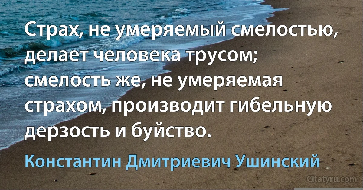 Страх, не умеряемый смелостью, делает человека трусом; смелость же, не умеряемая страхом, производит гибельную дерзость и буйство. (Константин Дмитриевич Ушинский)