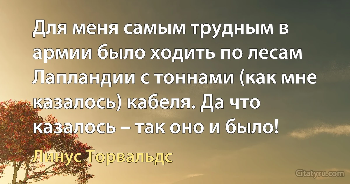 Для меня самым трудным в армии было ходить по лесам Лапландии с тоннами (как мне казалось) кабеля. Да что казалось – так оно и было! (Линус Торвальдс)