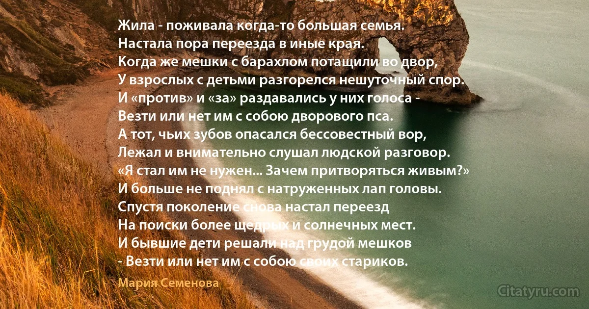 Жила - поживала когда-то большая семья.
Настала пора переезда в иные края.
Когда же мешки с барахлом потащили во двор,
У взрослых с детьми разгорелся нешуточный спор.
И «против» и «за» раздавались у них голоса -
Везти или нет им с собою дворового пса.
А тот, чьих зубов опасался бессовестный вор,
Лежал и внимательно слушал людской разговор.
«Я стал им не нужен... Зачем притворяться живым?»
И больше не поднял с натруженных лап головы.
Спустя поколение снова настал переезд
На поиски более щедрых и солнечных мест.
И бывшие дети решали над грудой мешков
- Везти или нет им с собою своих стариков. (Мария Семенова)