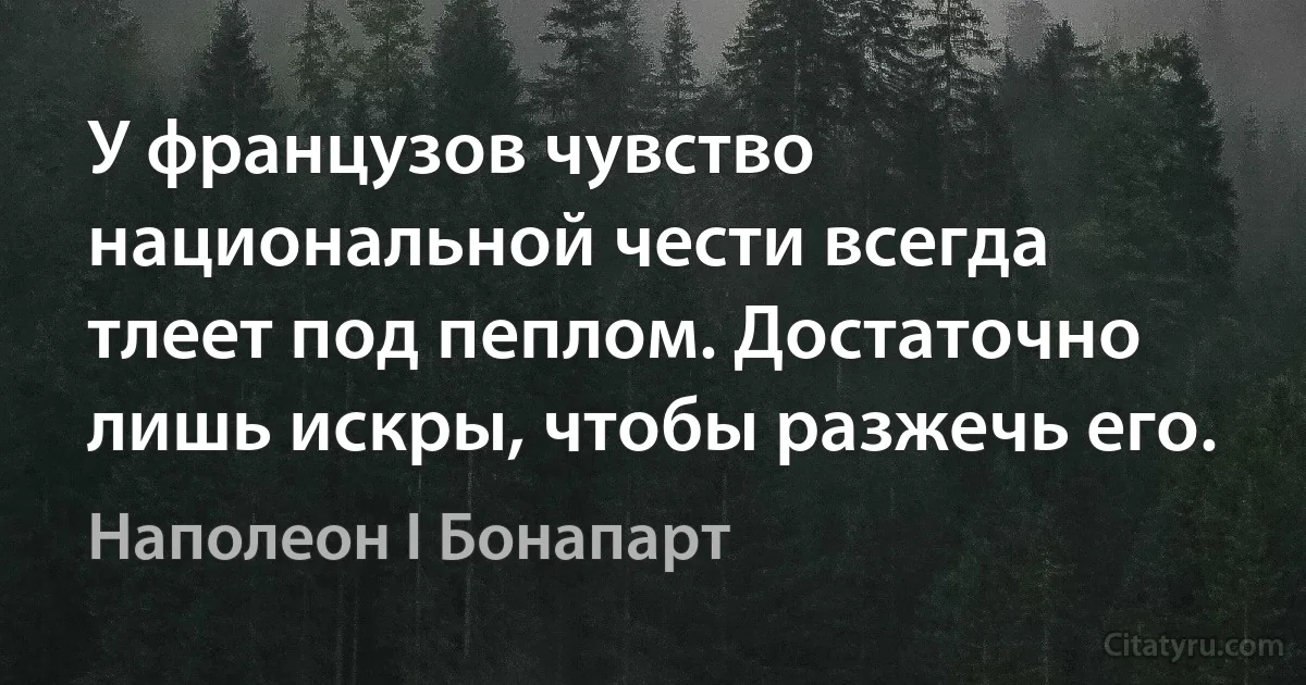 У французов чувство национальной чести всегда тлеет под пеплом. Достаточно лишь искры, чтобы разжечь его. (Наполеон I Бонапарт)