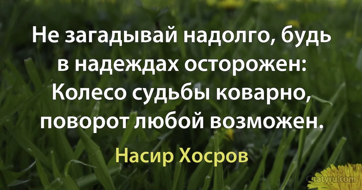 Не загадывай надолго, будь в надеждах осторожен:
Колесо судьбы коварно, поворот любой возможен. (Насир Хосров)