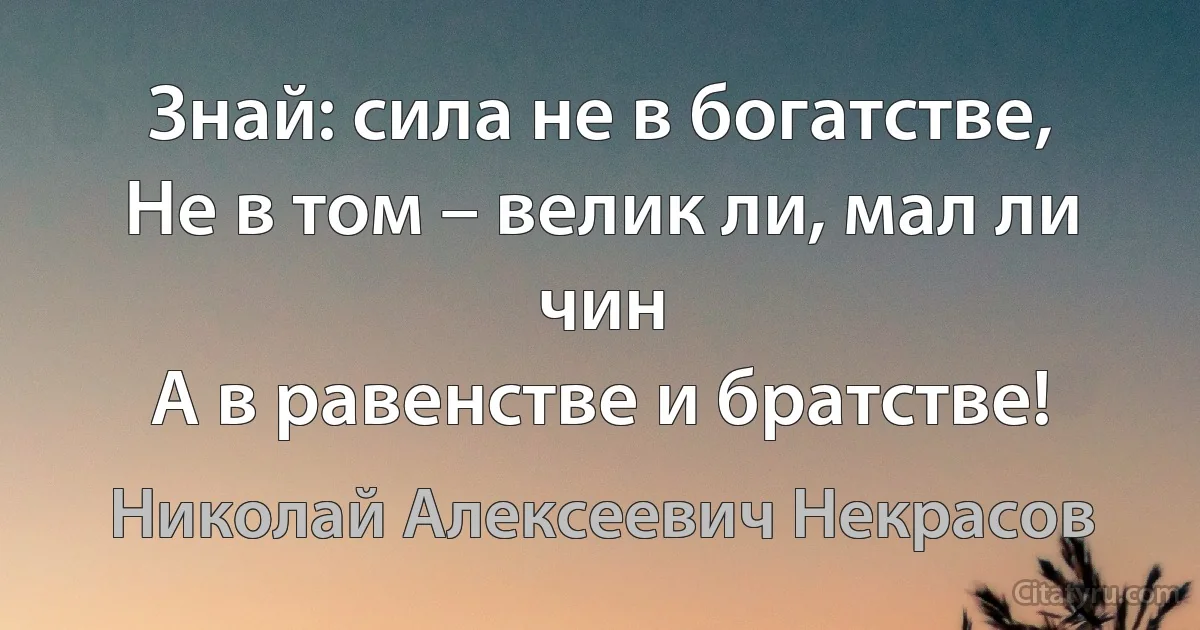 Знай: сила не в богатстве,
Не в том – велик ли, мал ли чин
А в равенстве и братстве! (Николай Алексеевич Некрасов)