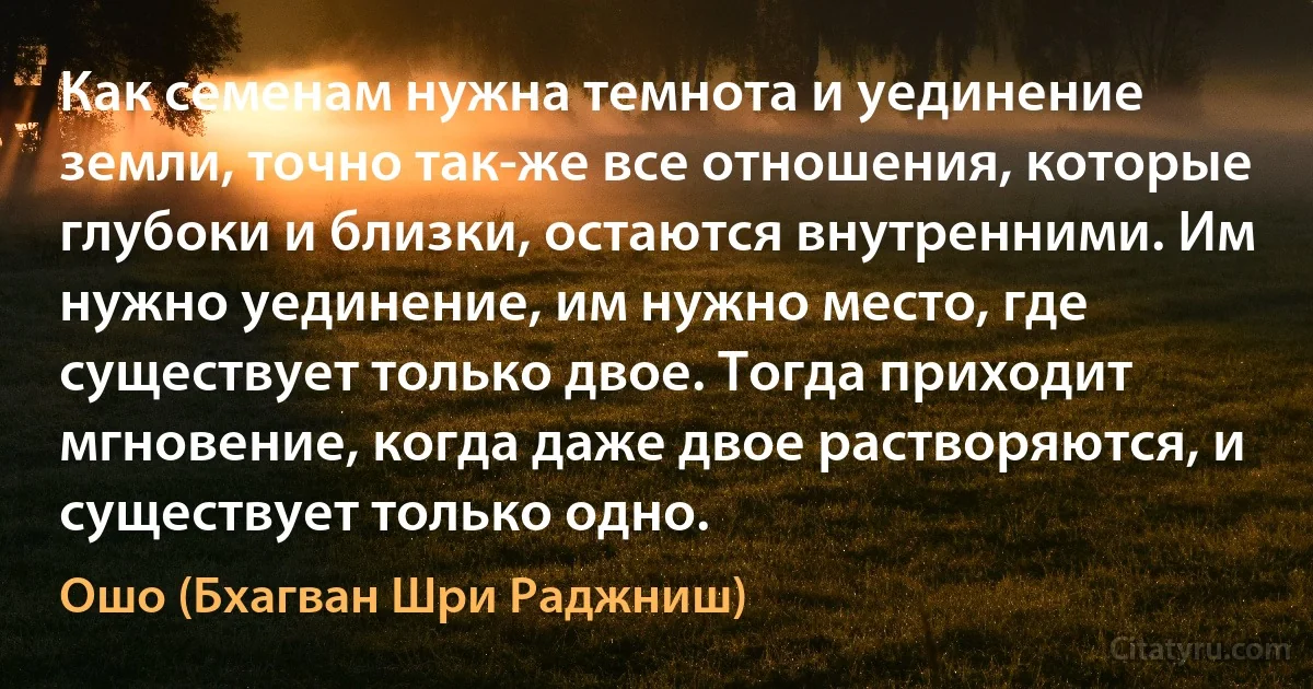 Как семенам нужна темнота и уединение земли, точно так-же все отношения, которые глубоки и близки, остаются внутренними. Им нужно уединение, им нужно место, где существует только двое. Тогда приходит мгновение, когда даже двое растворяются, и существует только одно. (Ошо (Бхагван Шри Раджниш))