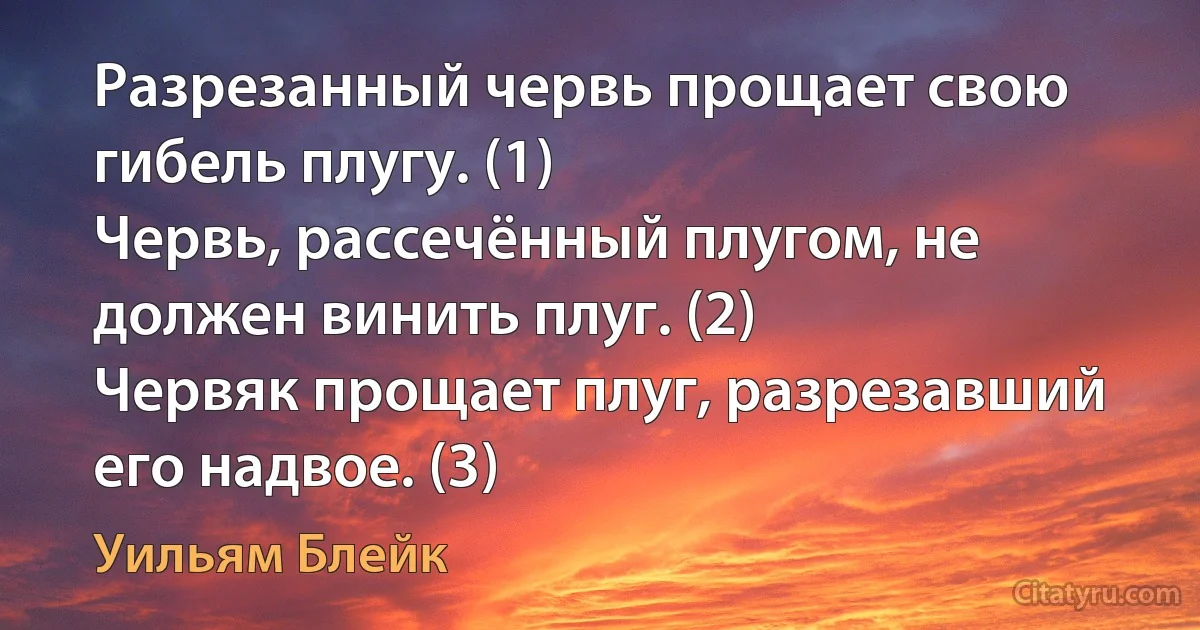 Разрезанный червь прощает свою гибель плугу. (1)
Червь, рассечённый плугом, не должен винить плуг. (2)
Червяк прощает плуг, разрезавший его надвое. (3) (Уильям Блейк)