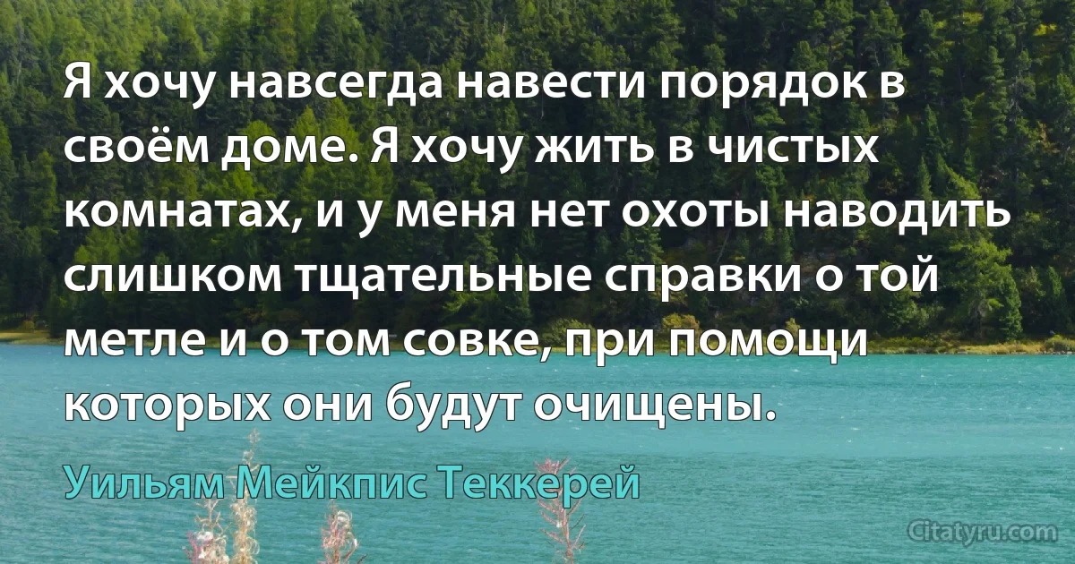 Я хочу навсегда навести порядок в своём доме. Я хочу жить в чистых комнатах, и у меня нет охоты наводить слишком тщательные справки о той метле и о том совке, при помощи которых они будут очищены. (Уильям Мейкпис Теккерей)