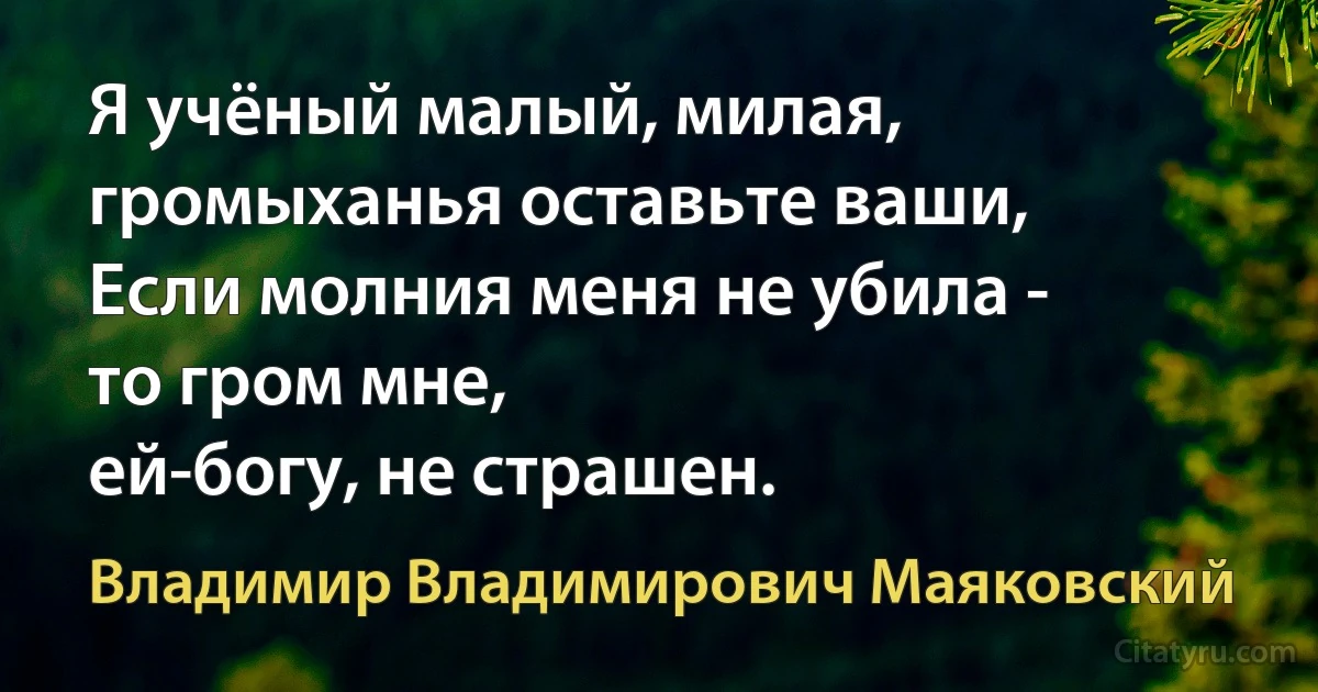 Я учёный малый, милая,
громыханья оставьте ваши,
Если молния меня не убила -
то гром мне,
ей-богу, не страшен. (Владимир Владимирович Маяковский)