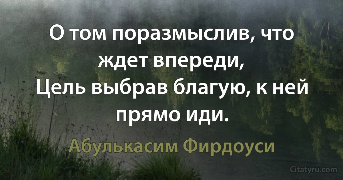 О том поразмыслив, что ждет впереди,
Цель выбрав благую, к ней прямо иди. (Абулькасим Фирдоуси)