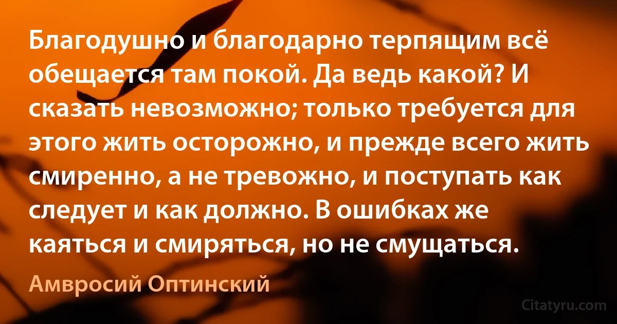 Благодушно и благодарно терпящим всё обещается там покой. Да ведь какой? И сказать невозможно; только требуется для этого жить осторожно, и прежде всего жить смиренно, а не тревожно, и поступать как следует и как должно. В ошибках же каяться и смиряться, но не смущаться. (Амвросий Оптинский)