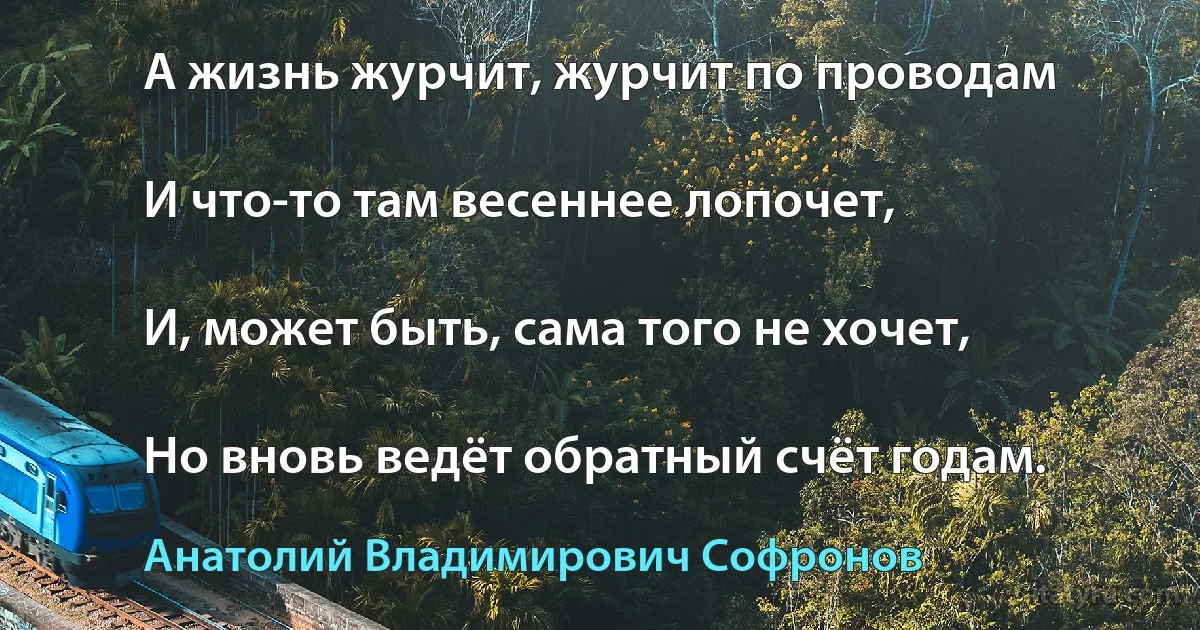 А жизнь журчит, журчит по проводам

И что-то там весеннее лопочет,

И, может быть, сама того не хочет,

Но вновь ведёт обратный счёт годам. (Анатолий Владимирович Софронов)