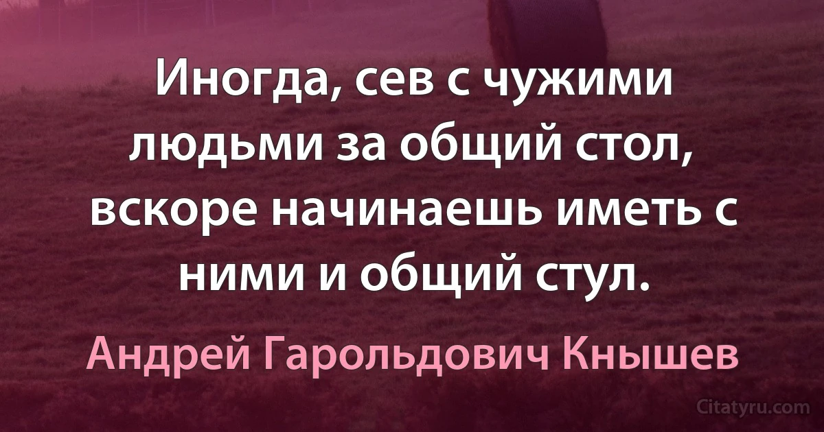 Иногда, сев с чужими людьми за общий стол, вскоре начинаешь иметь с ними и общий стул. (Андрей Гарольдович Кнышев)