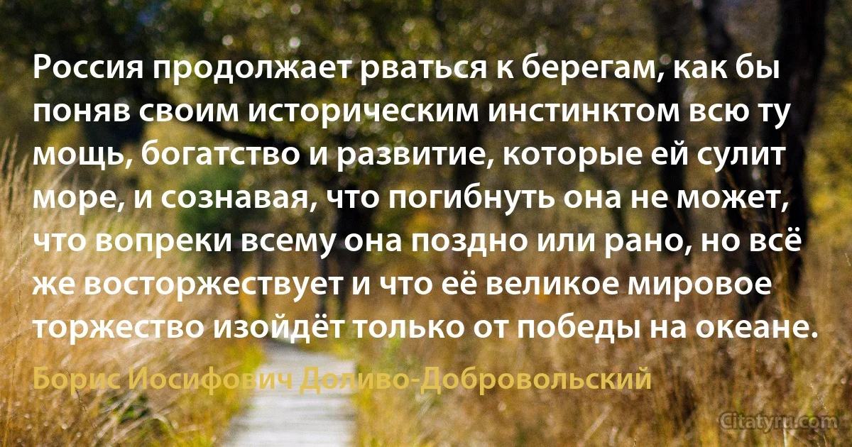 Россия продолжает рваться к берегам, как бы поняв своим историческим инстинктом всю ту мощь, богатство и развитие, которые ей сулит море, и сознавая, что погибнуть она не может, что вопреки всему она поздно или рано, но всё же восторжествует и что её великое мировое торжество изойдёт только от победы на океане. (Борис Иосифович Доливо-Добровольский)