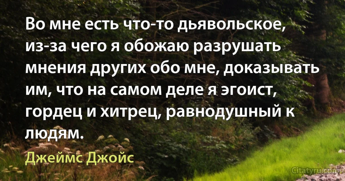 Во мне есть что-то дьявольское, из-за чего я обожаю разрушать мнения других обо мне, доказывать им, что на самом деле я эгоист, гордец и хитрец, равнодушный к людям. (Джеймс Джойс)