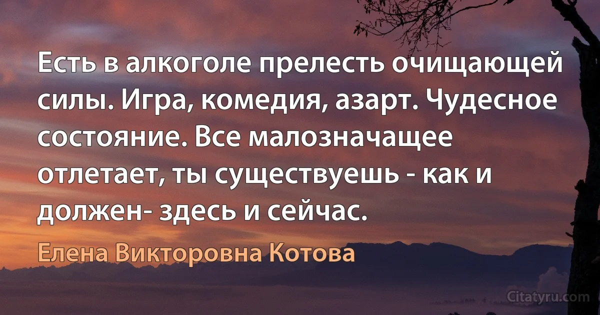 Есть в алкоголе прелесть очищающей силы. Игра, комедия, азарт. Чудесное состояние. Все малозначащее отлетает, ты существуешь - как и должен- здесь и сейчас. (Елена Викторовна Котова)