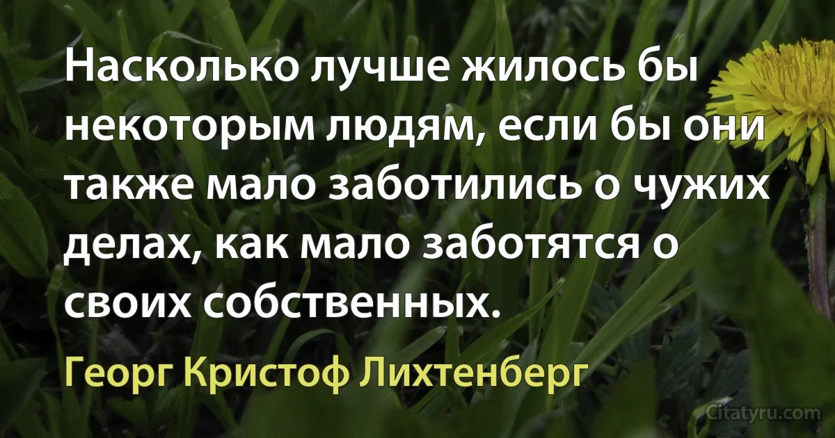 Насколько лучше жилось бы некоторым людям, если бы они также мало заботились о чужих делах, как мало заботятся о своих собственных. (Георг Кристоф Лихтенберг)