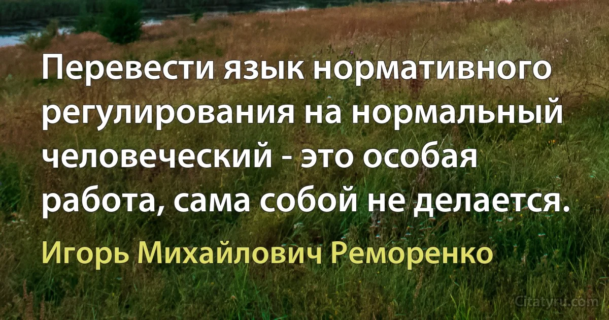 Перевести язык нормативного регулирования на нормальный человеческий - это особая работа, сама собой не делается. (Игорь Михайлович Реморенко)