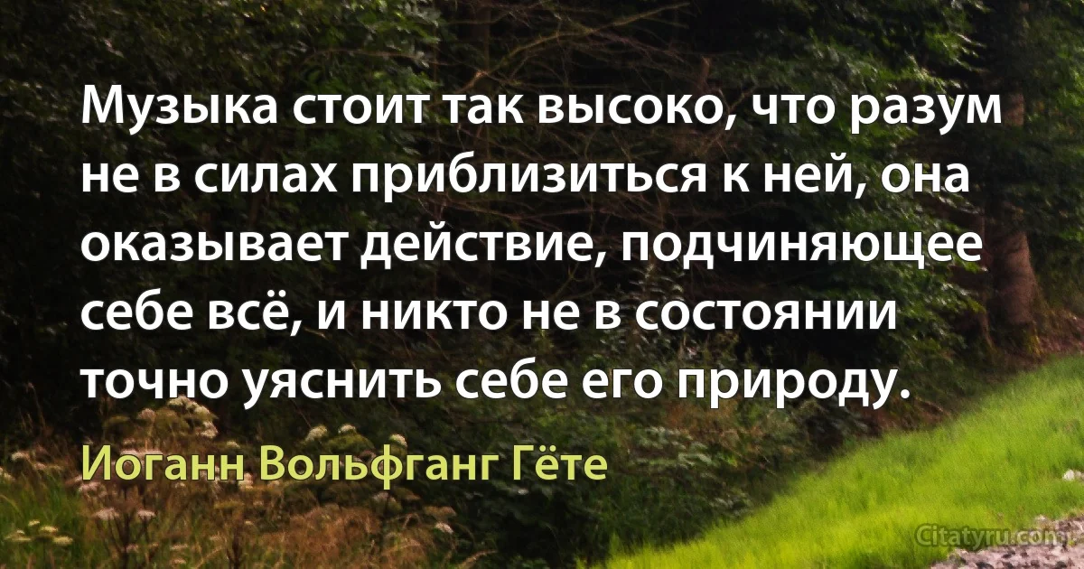 Музыка стоит так высоко, что разум не в силах приблизиться к ней, она оказывает действие, подчиняющее себе всё, и никто не в состоянии точно уяснить себе его природу. (Иоганн Вольфганг Гёте)