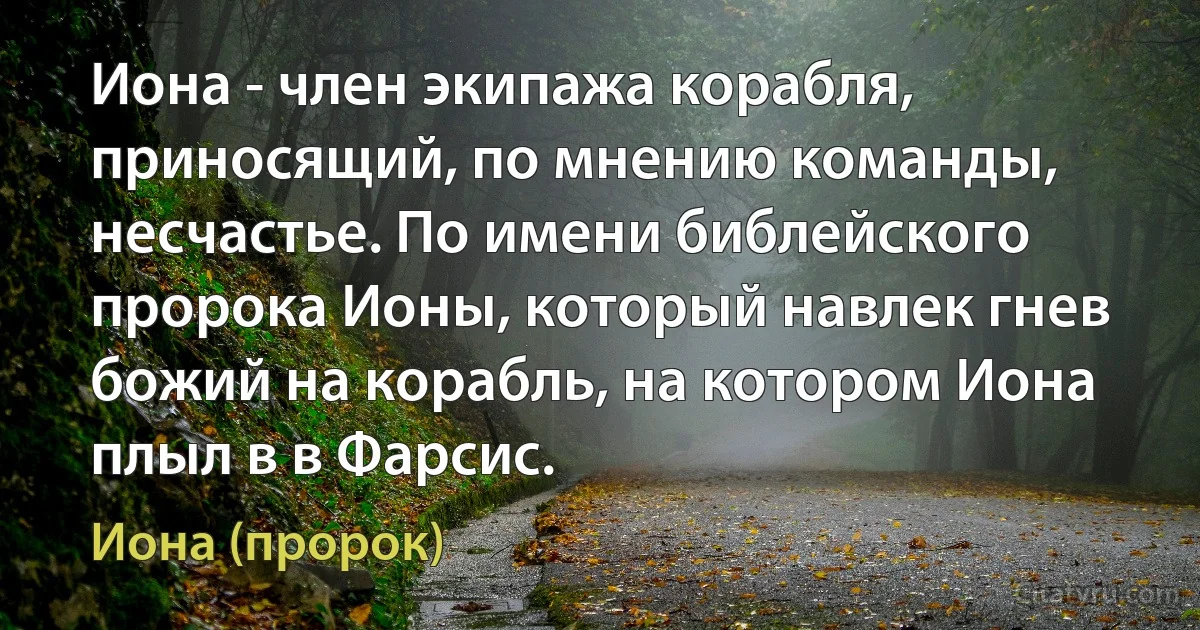 Иона - член экипажа корабля, приносящий, по мнению команды, несчастье. По имени библейского пророка Ионы, который навлек гнев божий на корабль, на котором Иона плыл в в Фарсис. (Иона (пророк))