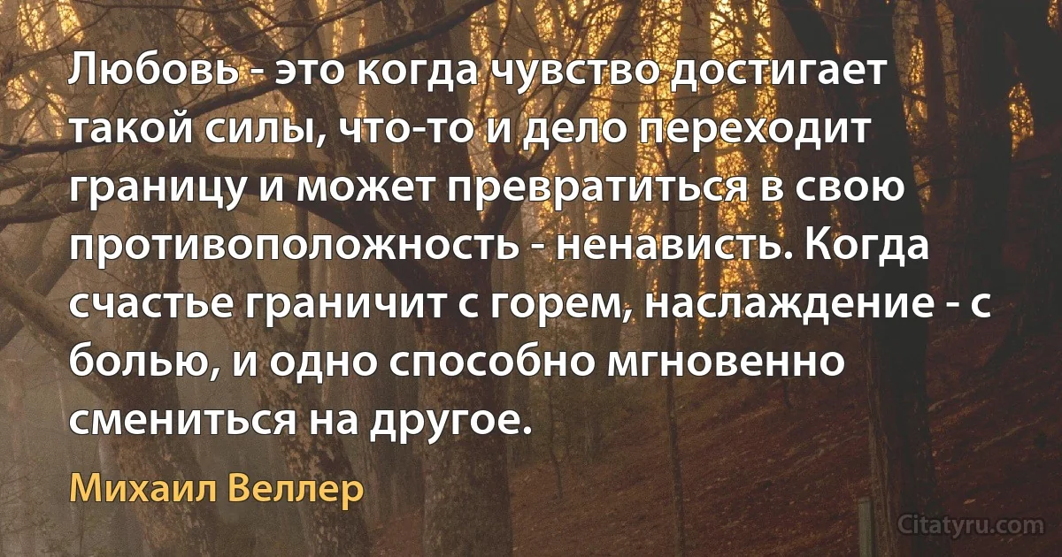 Любовь - это когда чувство достигает такой силы, что-то и дело переходит границу и может превратиться в свою противоположность - ненависть. Когда счастье граничит с горем, наслаждение - с болью, и одно способно мгновенно смениться на другое. (Михаил Веллер)