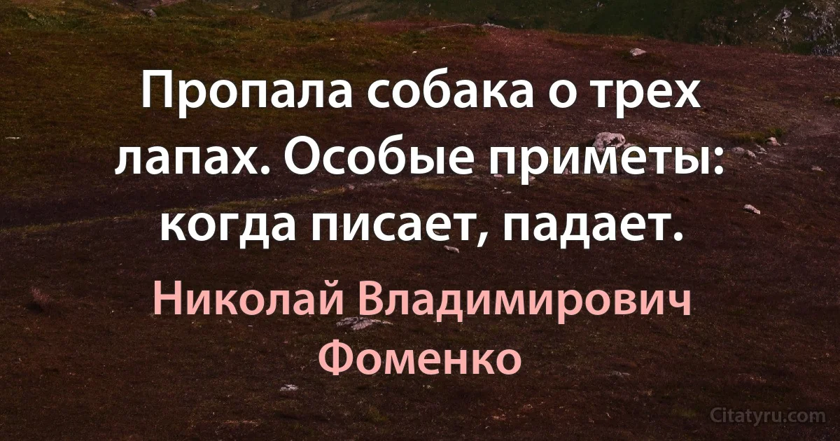 Пропала собака о трех лапах. Особые приметы: когда писает, падает. (Николай Владимирович Фоменко)