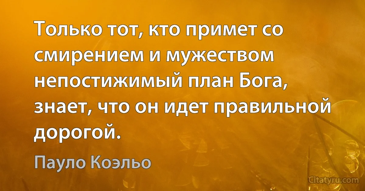 Только тот, кто примет со смирением и мужеством непостижимый план Бога, знает, что он идет правильной дорогой. (Пауло Коэльо)