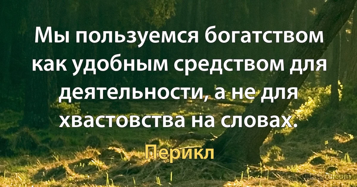 Мы пользуемся богатством как удобным средством для деятельности, а не для хвастовства на словах. (Перикл)