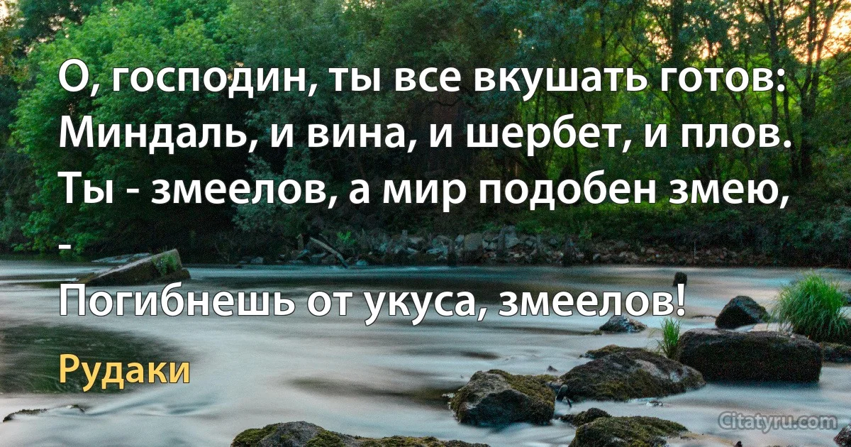 О, господин, ты все вкушать готов:
Миндаль, и вина, и шербет, и плов.
Ты - змеелов, а мир подобен змею, -
Погибнешь от укуса, змеелов! (Рудаки)