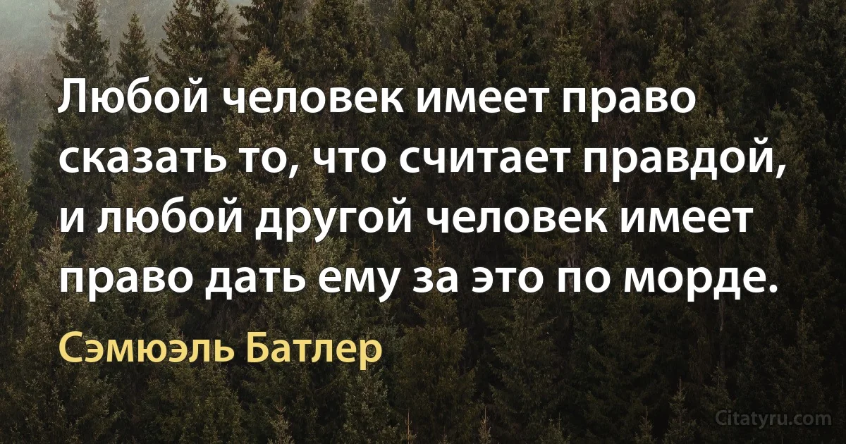 Любой человек имеет право сказать то, что считает правдой, и любой другой человек имеет право дать ему за это по морде. (Сэмюэль Батлер)