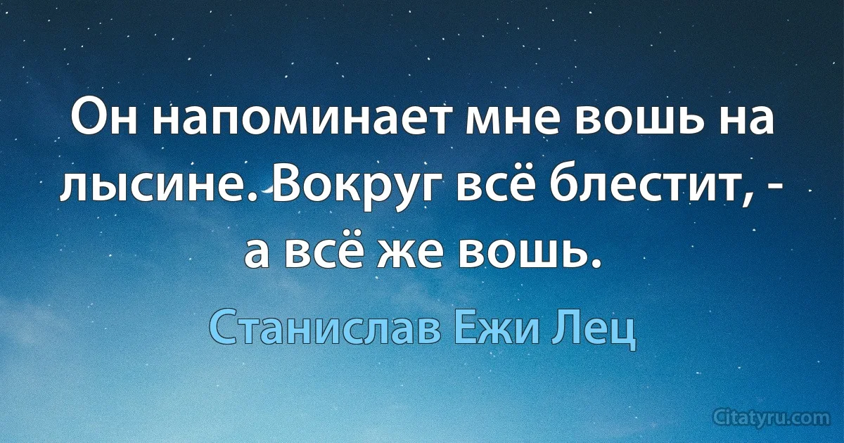 Он напоминает мне вошь на лысине. Вокруг всё блестит, - а всё же вошь. (Станислав Ежи Лец)