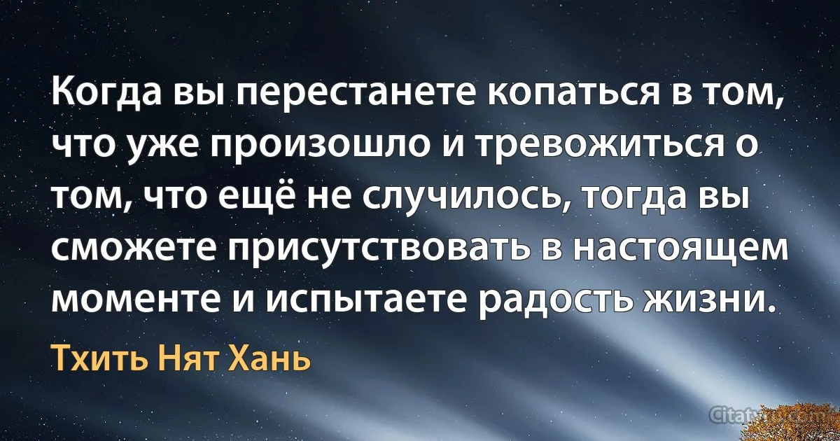 Когда вы перестанете копаться в том, что уже произошло и тревожиться о том, что ещё не случилось, тогда вы сможете присутствовать в настоящем моменте и испытаете радость жизни. (Тхить Нят Хань)