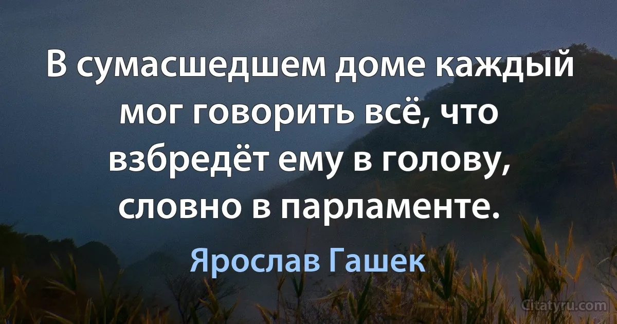 В сумасшедшем доме каждый мог говорить всё, что взбредёт ему в голову, словно в парламенте. (Ярослав Гашек)