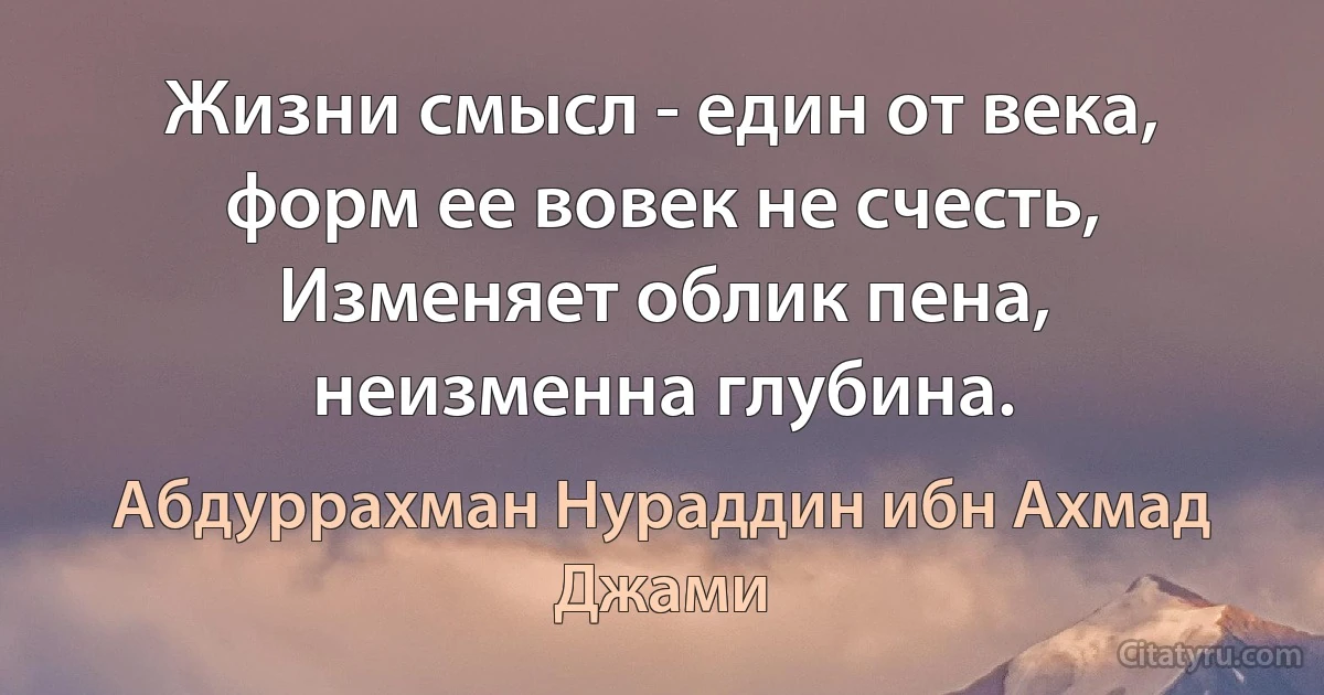 Жизни смысл - един от века, форм ее вовек не счесть,
Изменяет облик пена, неизменна глубина. (Абдуррахман Нураддин ибн Ахмад Джами)