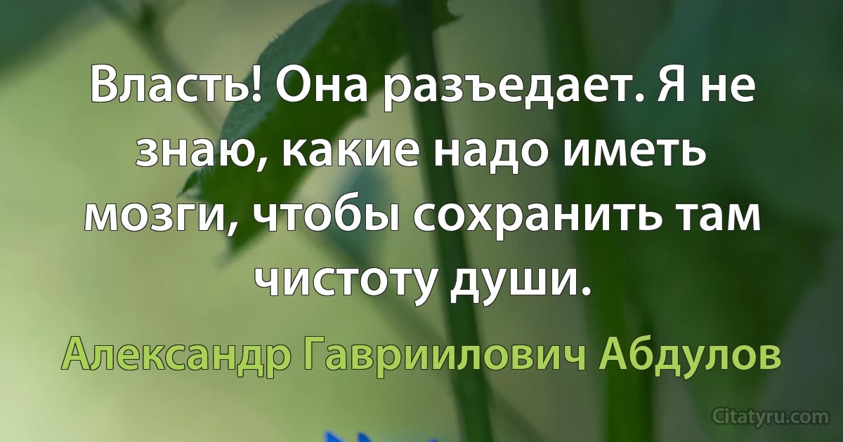 Власть! Она разъедает. Я не знаю, какие надо иметь мозги, чтобы сохранить там чистоту души. (Александр Гавриилович Абдулов)